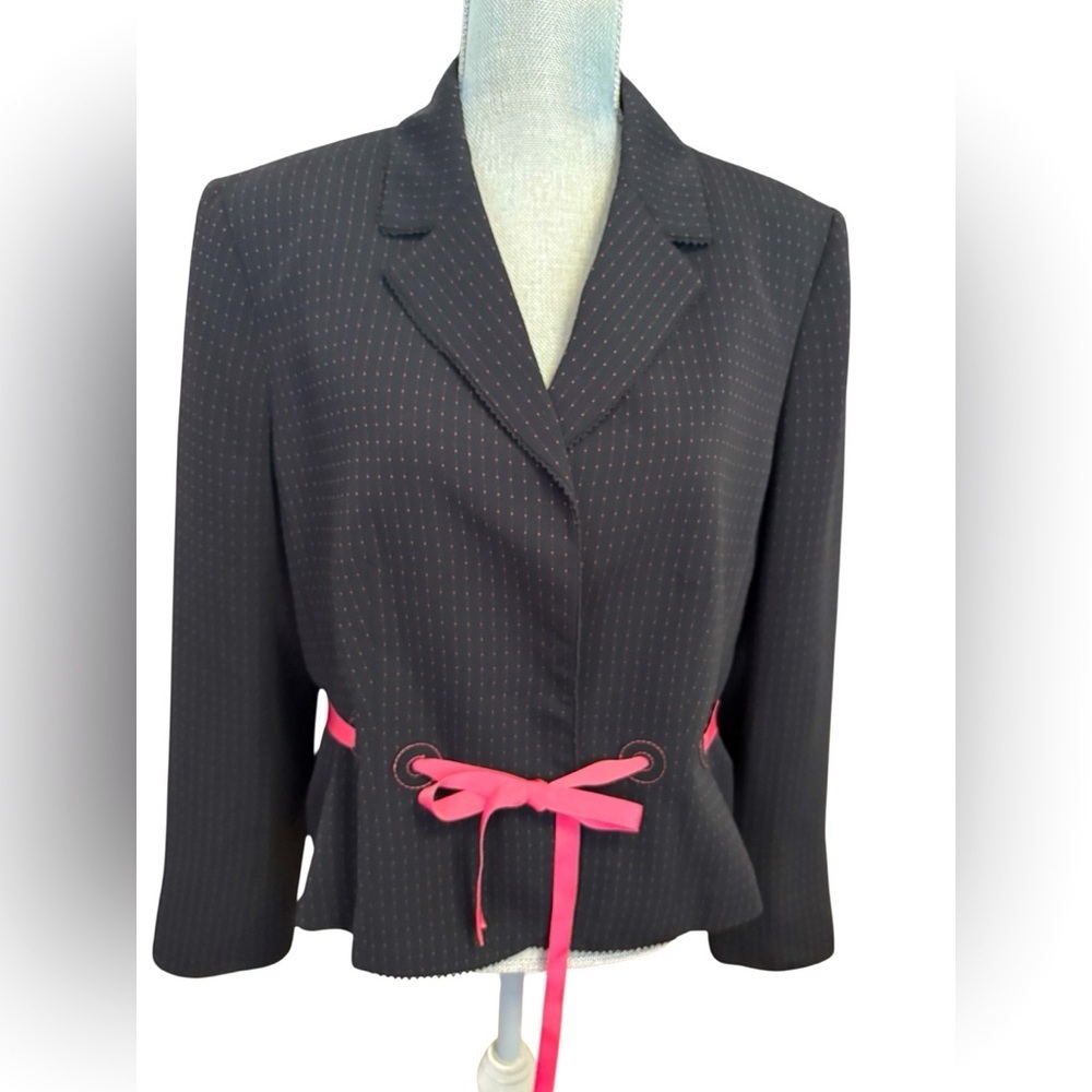 Nipon Boutique Black Blazer with Pink Accents-and Ribbon Tie, Size 16